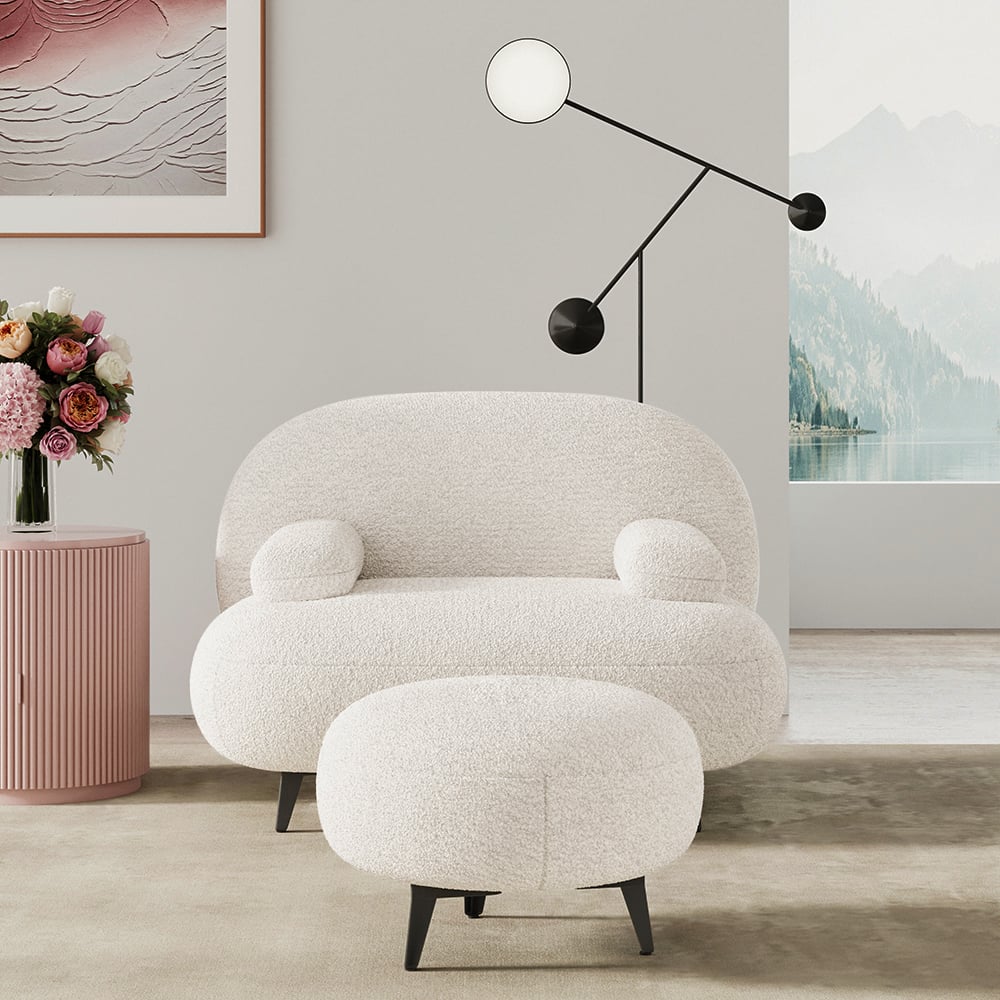 HMR - Modern White Cream Boucle Accent Chair with Pouf Ottoman Set Lounge Chair with Footstool