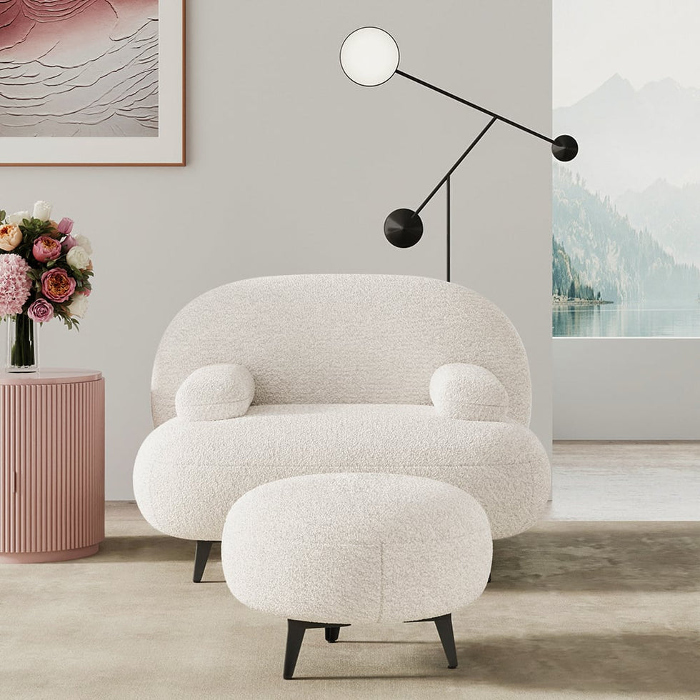 HMR - Modern White Cream Boucle Accent Chair with Pouf Ottoman Set Lounge Chair with Footstool