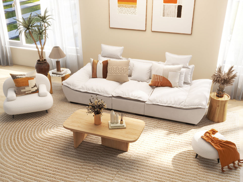 HMR - Modern White Cream Boucle Accent Chair with Pouf Ottoman Set Lounge Chair with Footstool