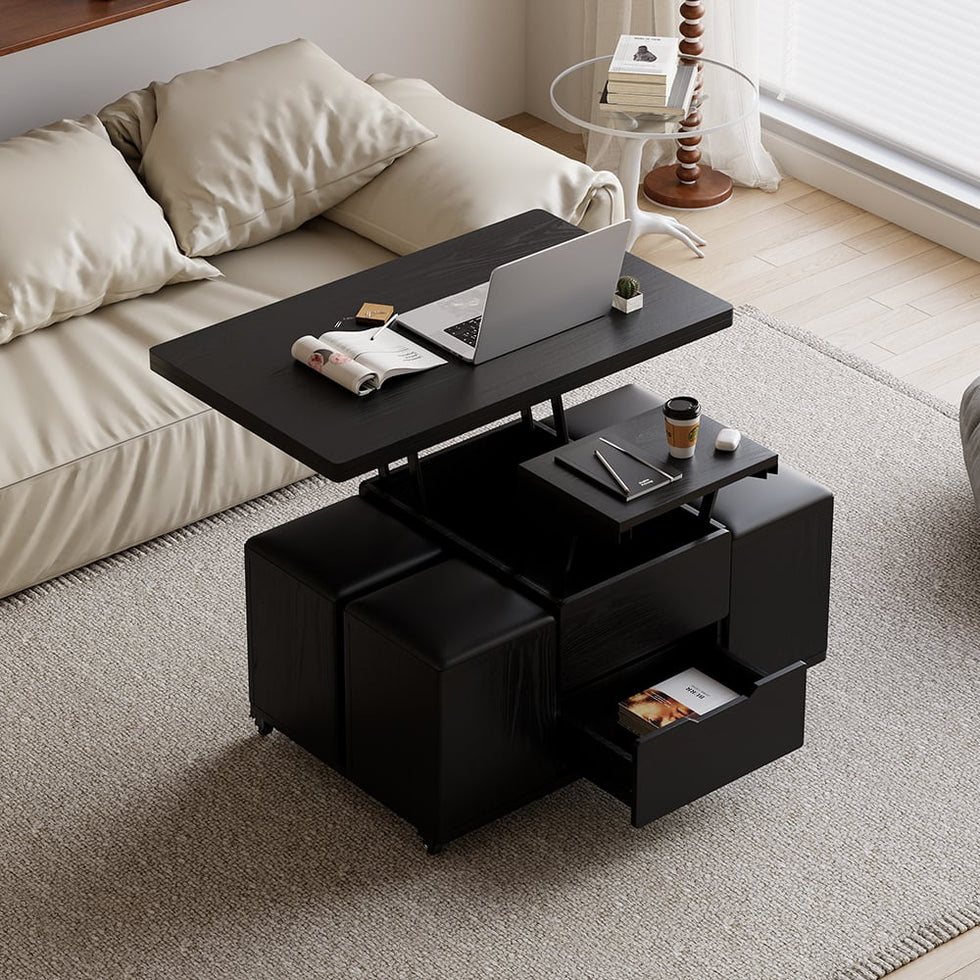 HMR - 39" Lift-Top Foldable Coffee Table with 4 Stools & Storage