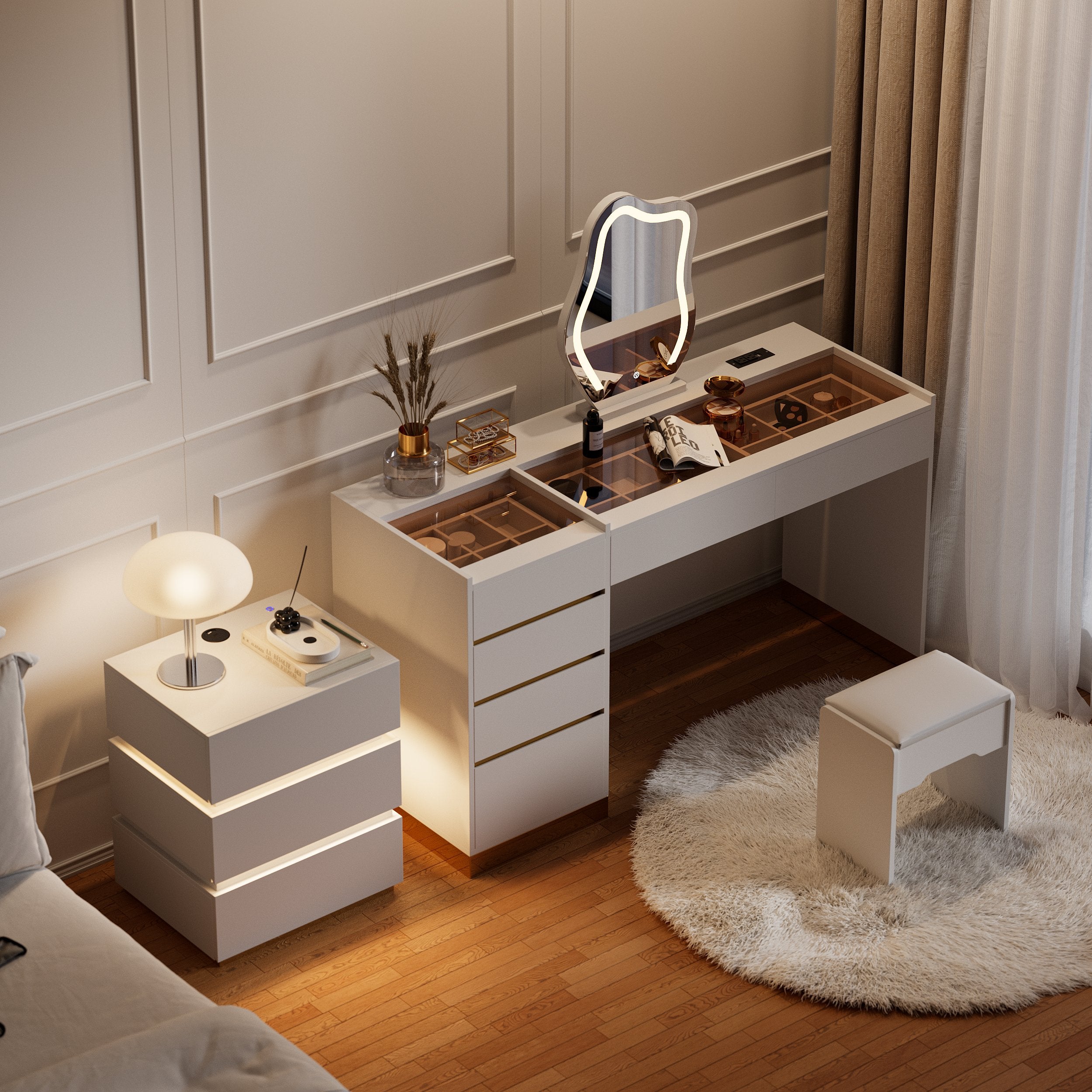 HMR - LED Mirror Makeup Vanity Set with 2 Smart Nightstands