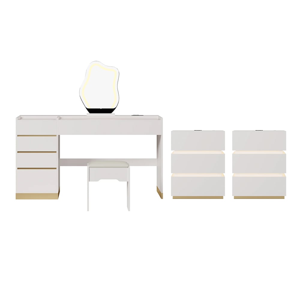 HMR - LED Mirror Makeup Vanity Set with 2 Smart Nightstands