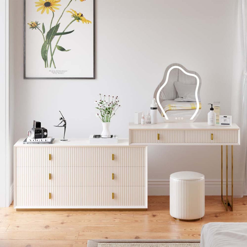 HMR - Modern White Makeup Vanity Set with 6-Drawer Cabinet Dressing Table with Stool & Mirror