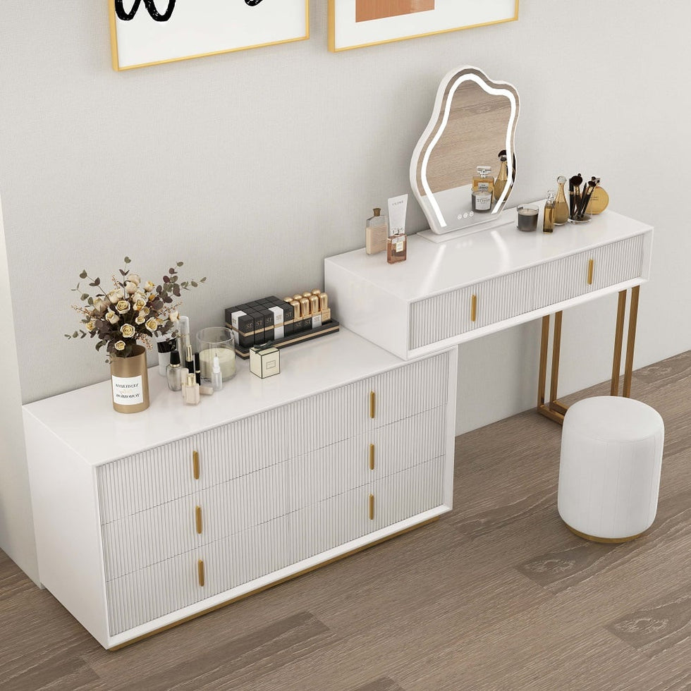 HMR - Modern White Makeup Vanity Set with 6-Drawer Cabinet Dressing Table with Stool & Mirror