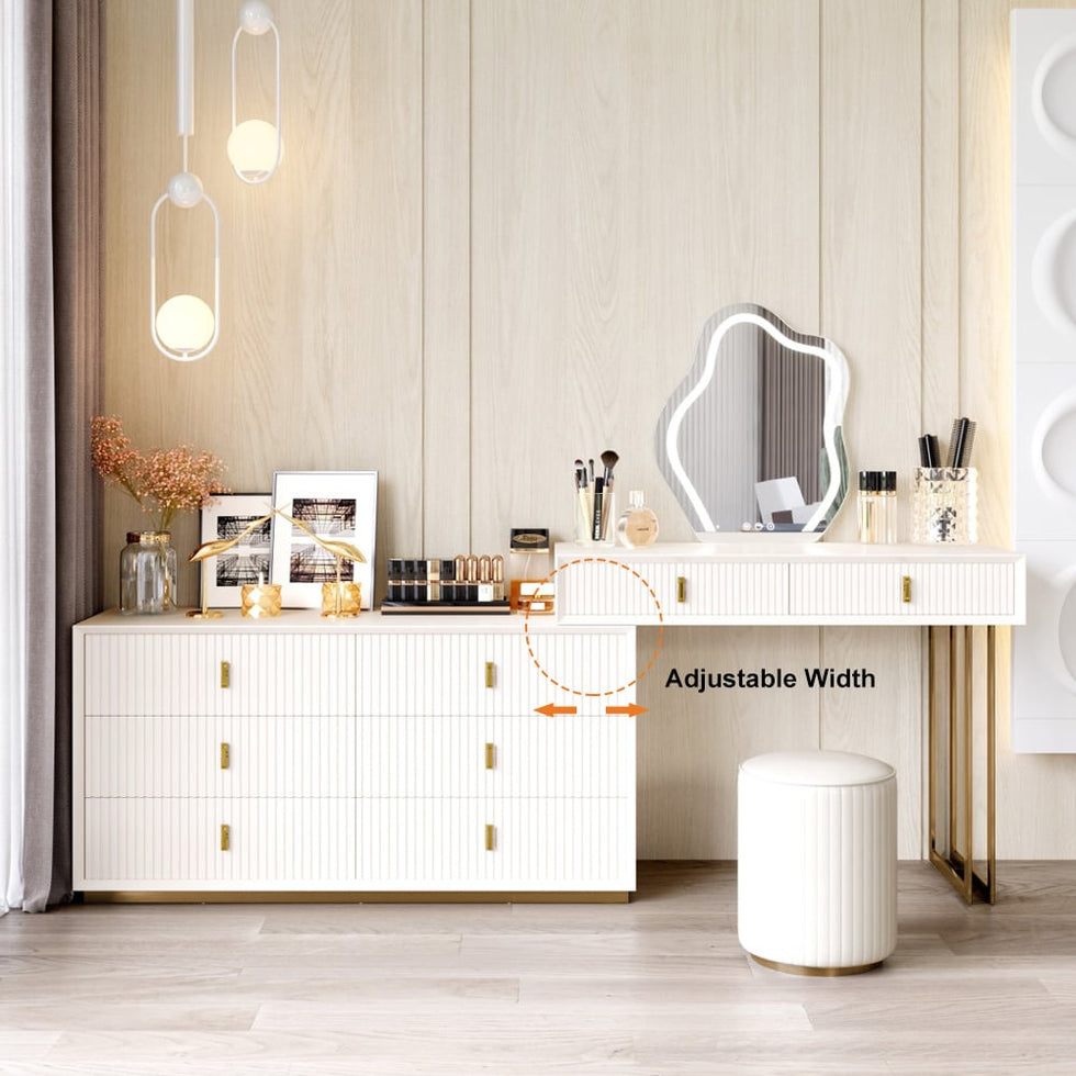 HMR - Modern White Makeup Vanity Set with 6-Drawer Cabinet Dressing Table with Stool & Mirror