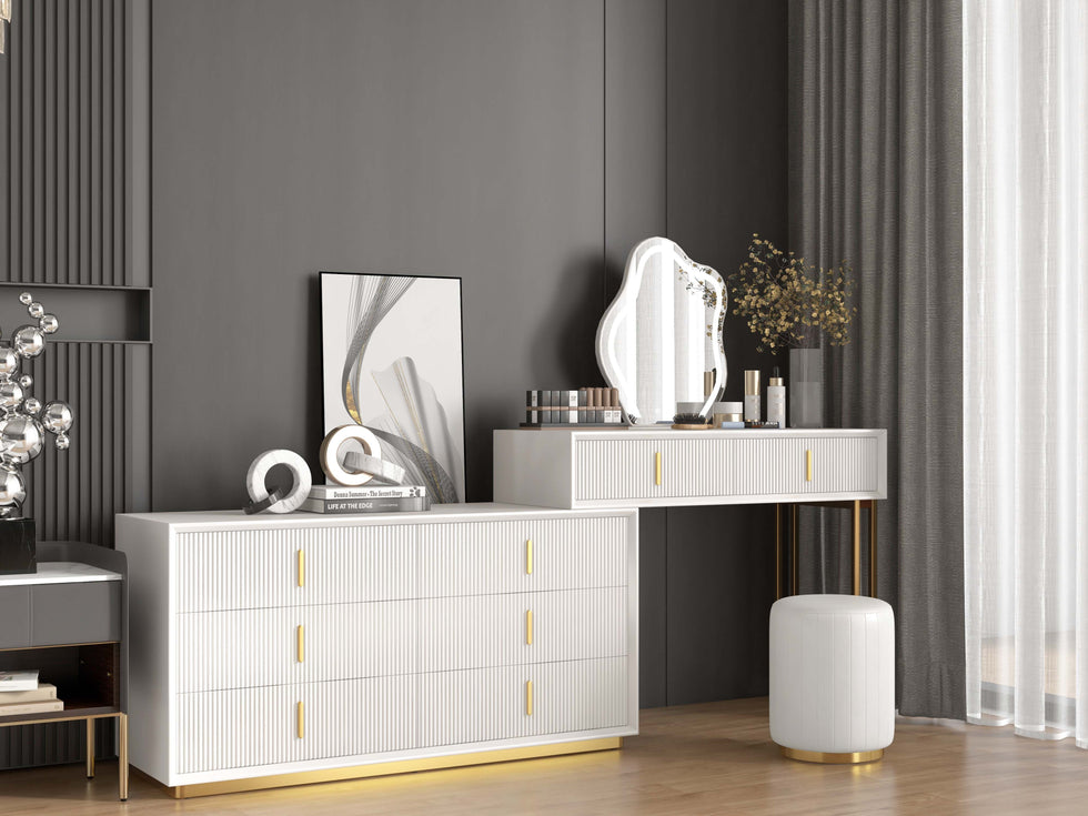 HMR - Modern White Makeup Vanity Set with 6-Drawer Cabinet Dressing Table with Stool & Mirror