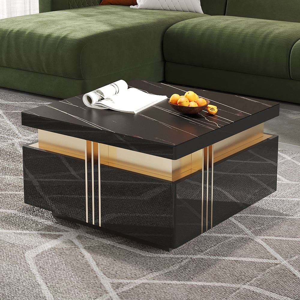 HMR - Trimied Modern Square Storage Coffee Table Stone Top with 4 Wood Drawers