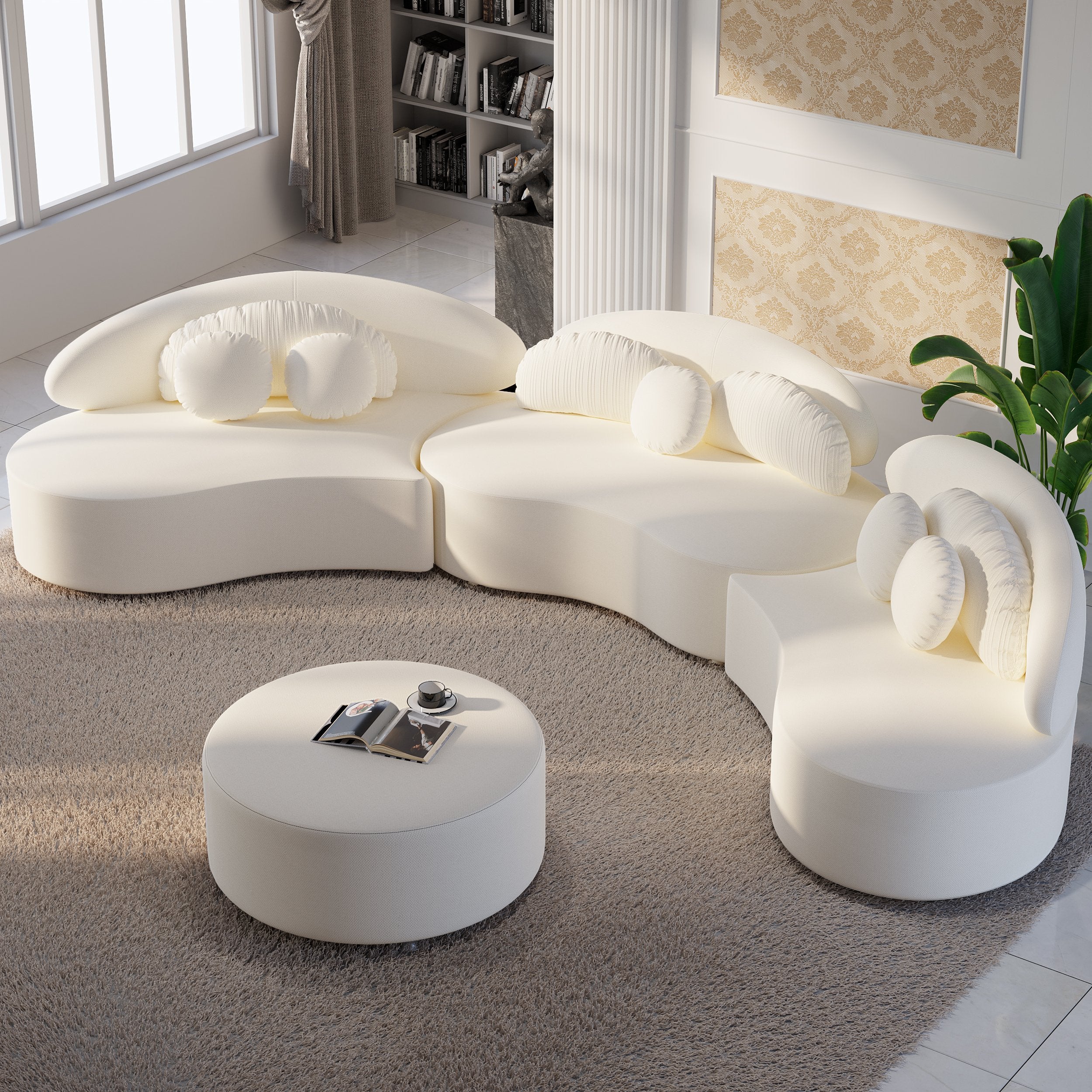 HMR - Curved Sectional Sofa with Ottoman & Pillows