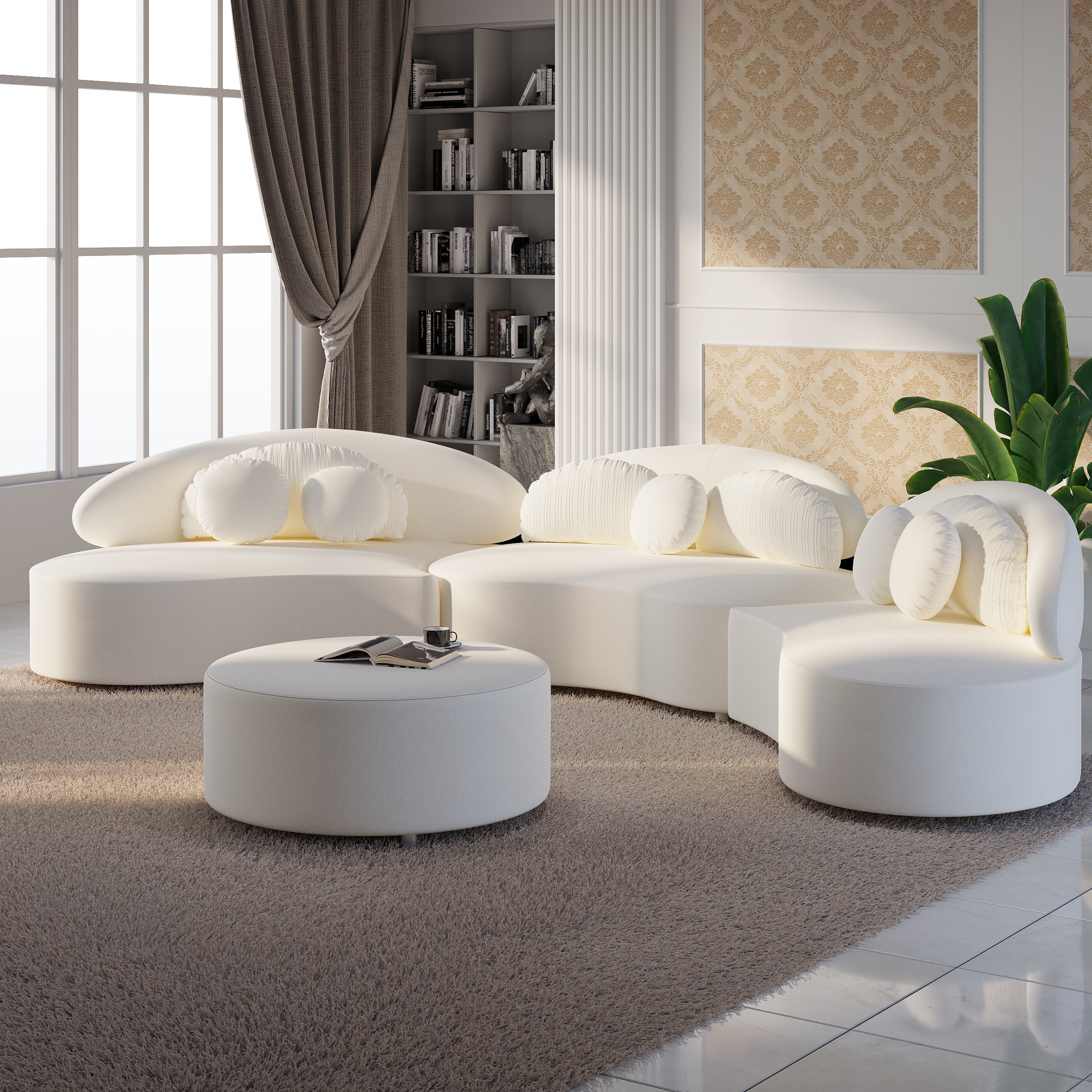 HMR - Curved Sectional Sofa with Ottoman & Pillows
