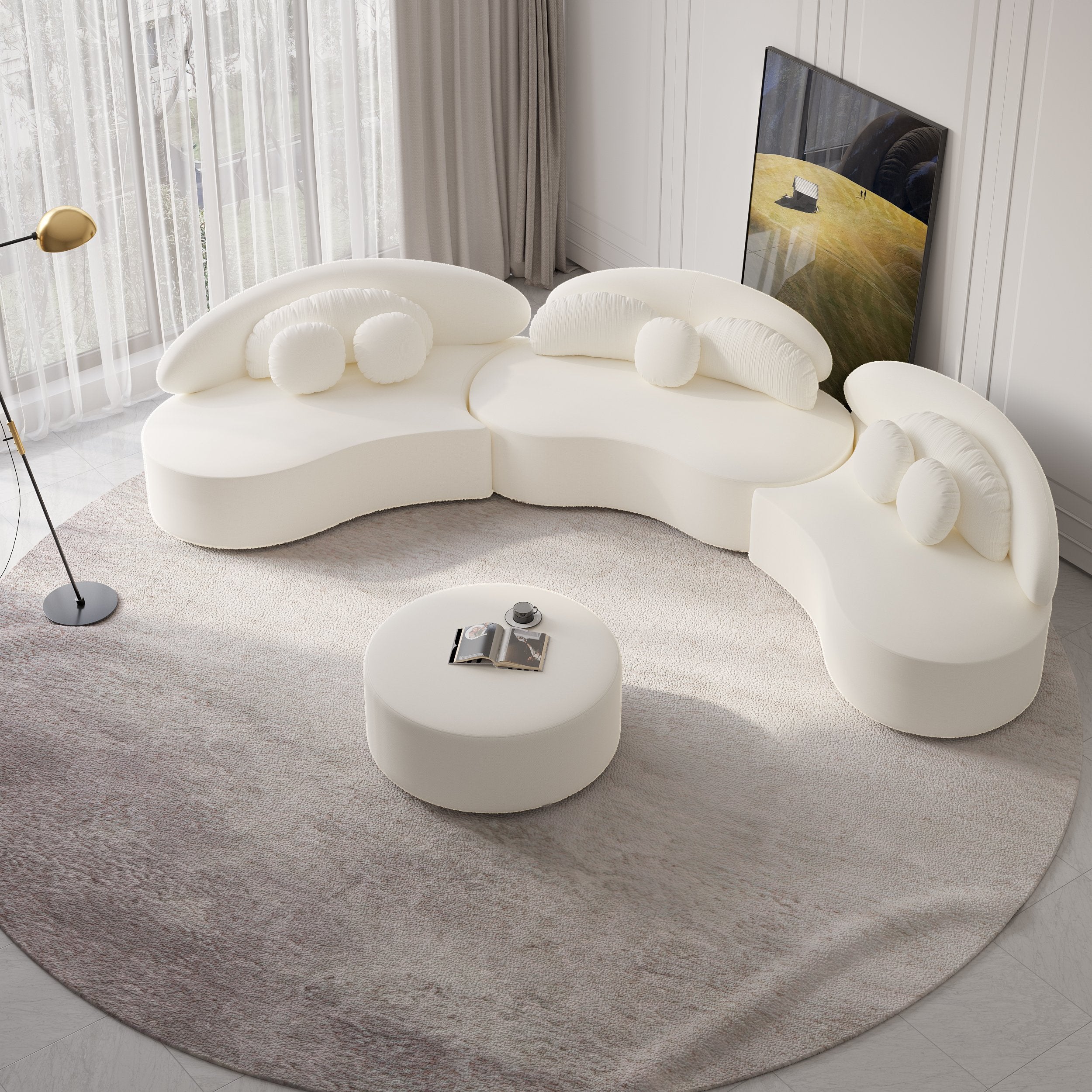 HMR - Curved Sectional Sofa with Ottoman & Pillows