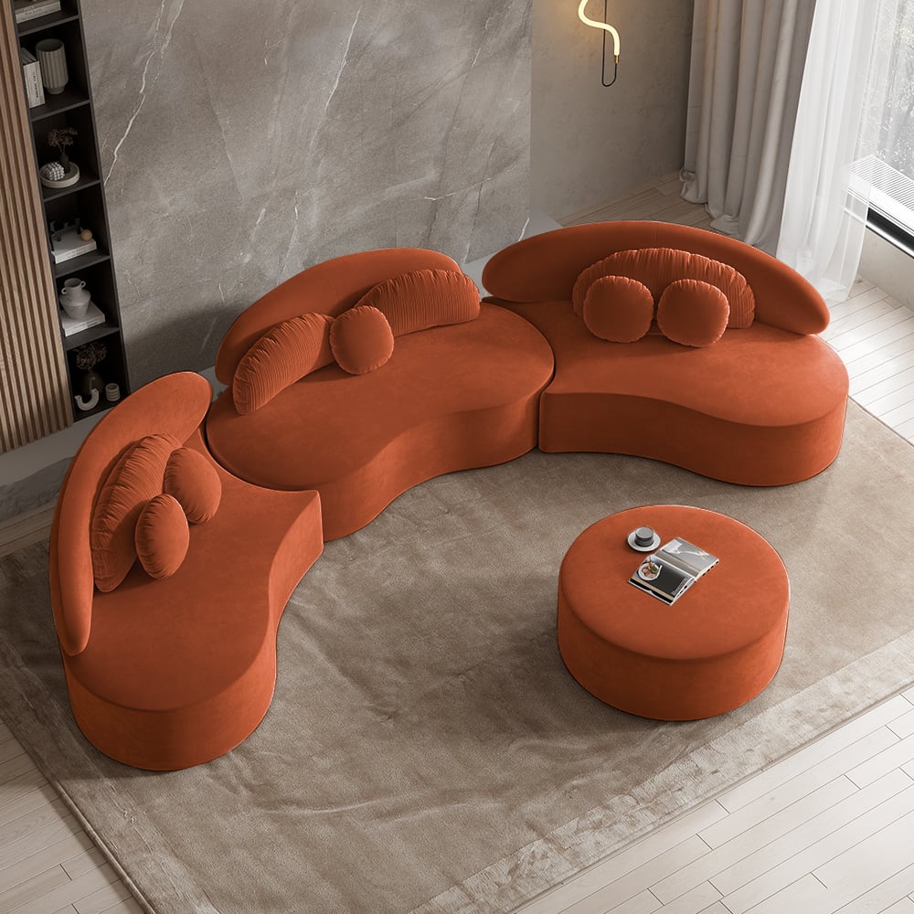 HMR - Curved Sectional Sofa with Ottoman & Pillows