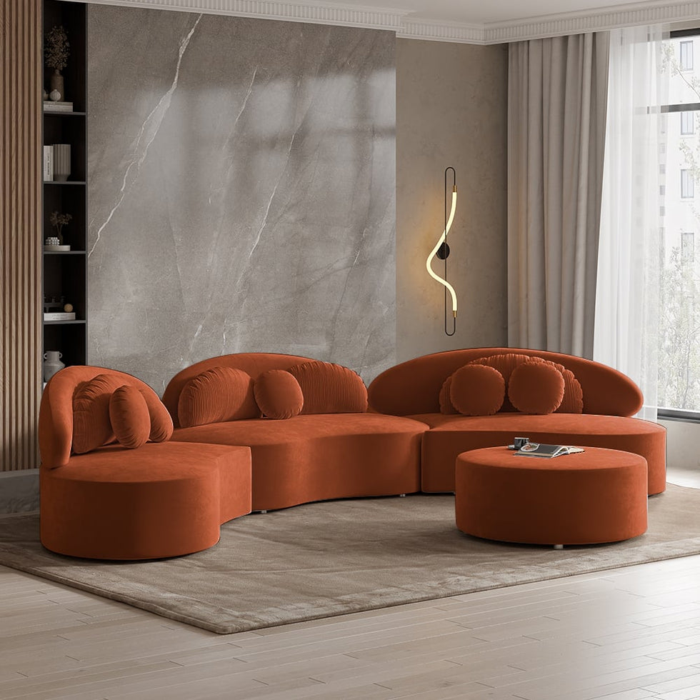 HMR - Curved Sectional Sofa with Ottoman & Pillows