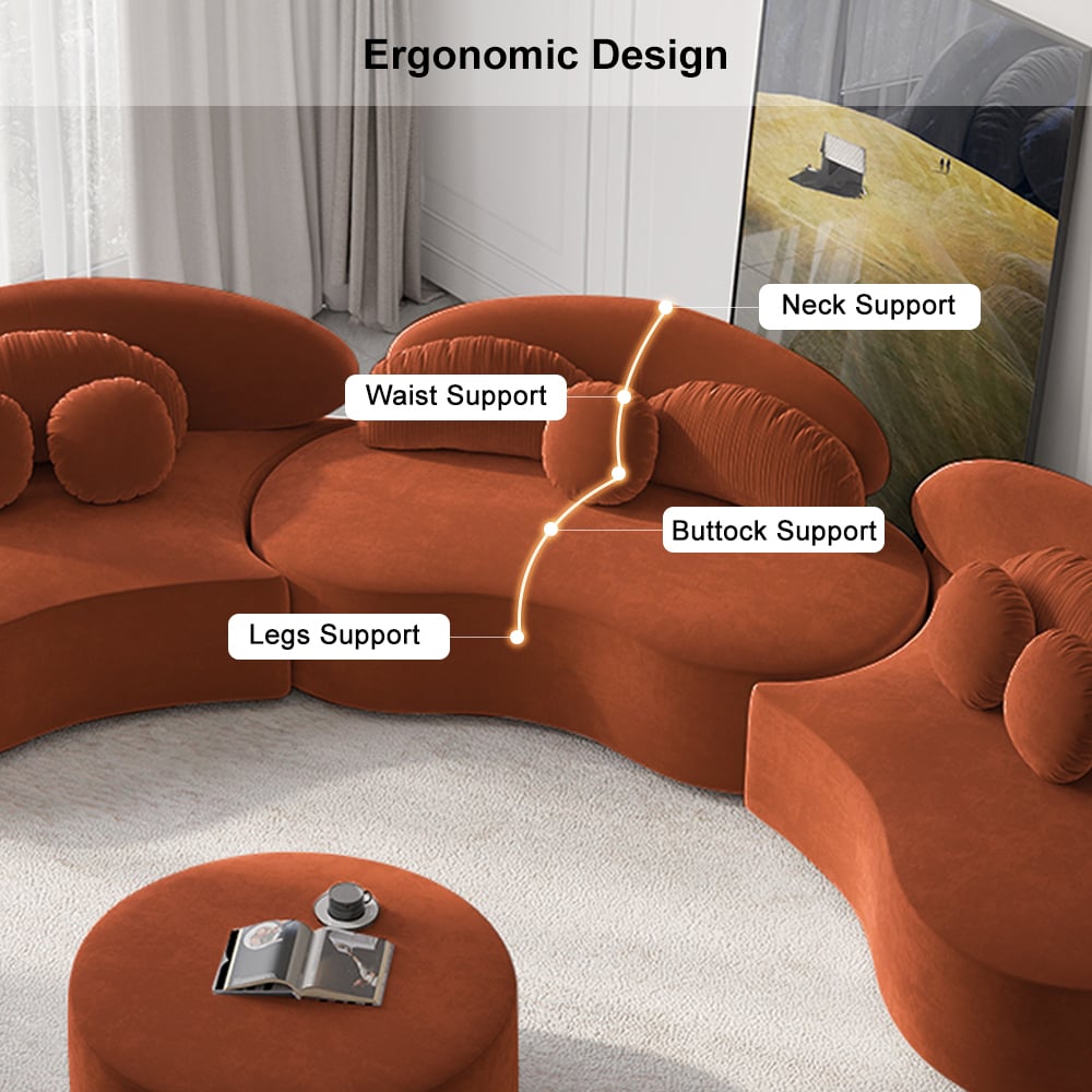 HMR - Curved Sectional Sofa with Ottoman & Pillows