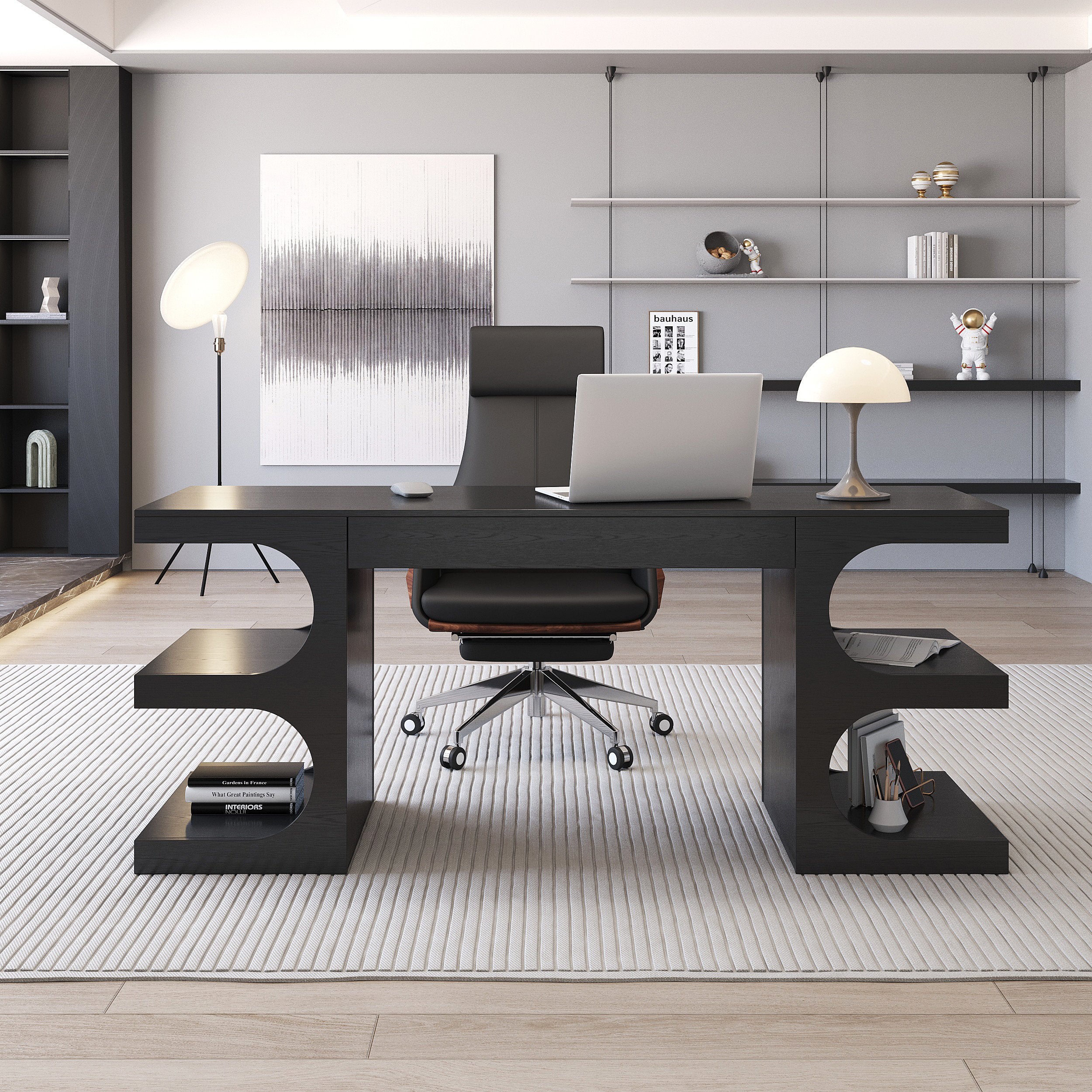 HMR - 64.2" Modern Writing Desk Office Desk with 1 Drawer & 4 Open Shelves
