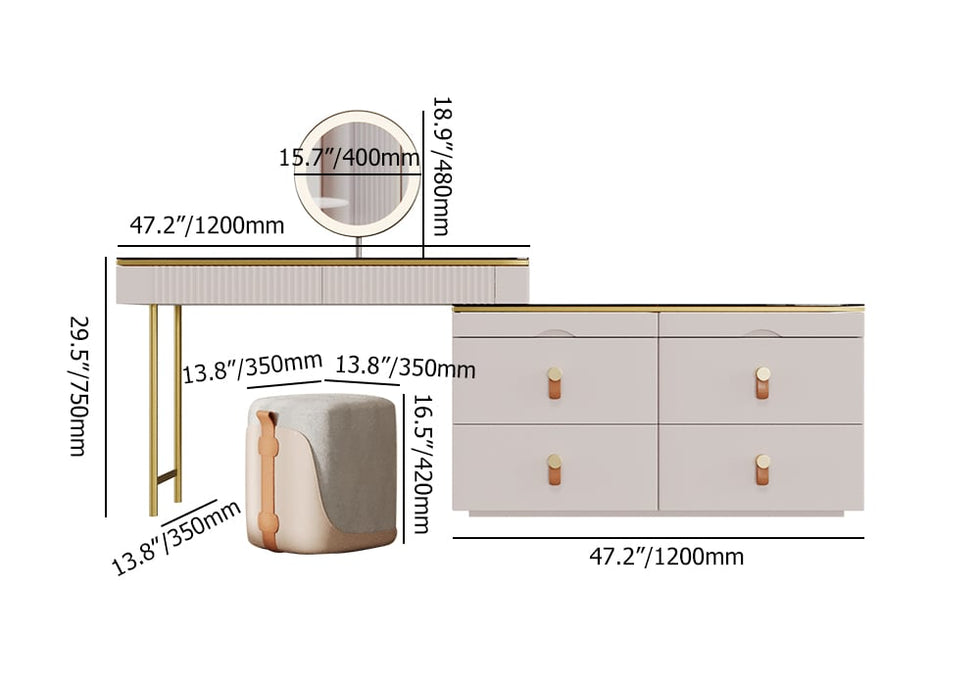 HMR - Chanor Modern Champagne Dresser Vanity Set Extendable Desk Vanity Combo Stool & Light