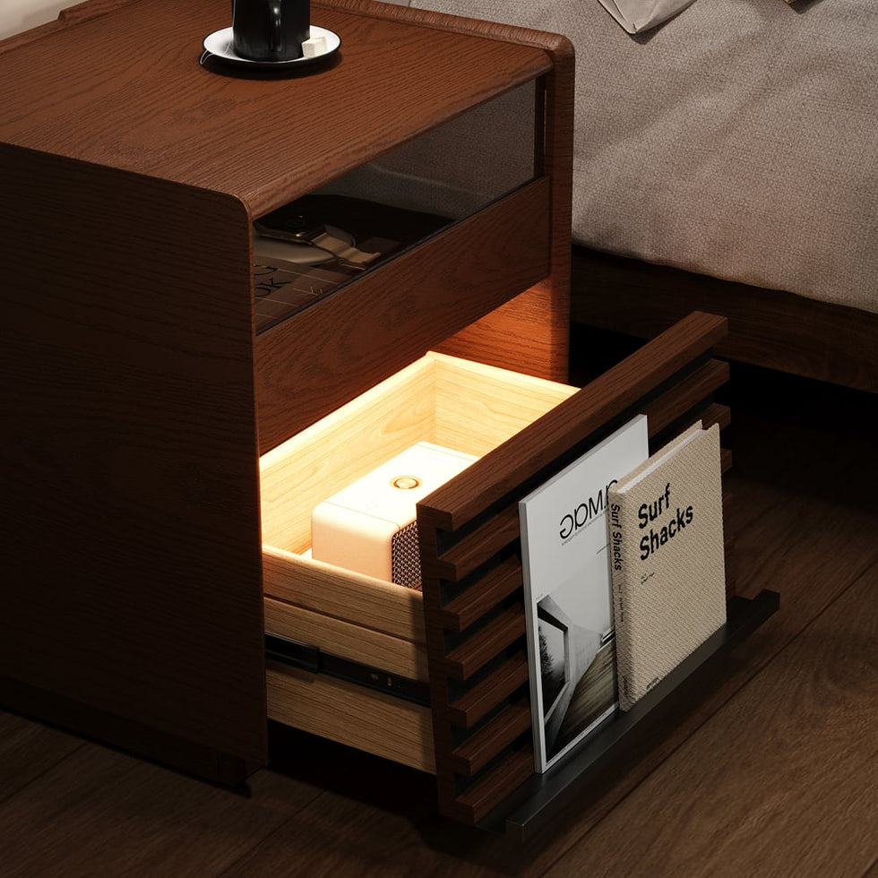 HMR - Modern Walnut Nightstand with Light Wood Bedside Table with 2 Drawers