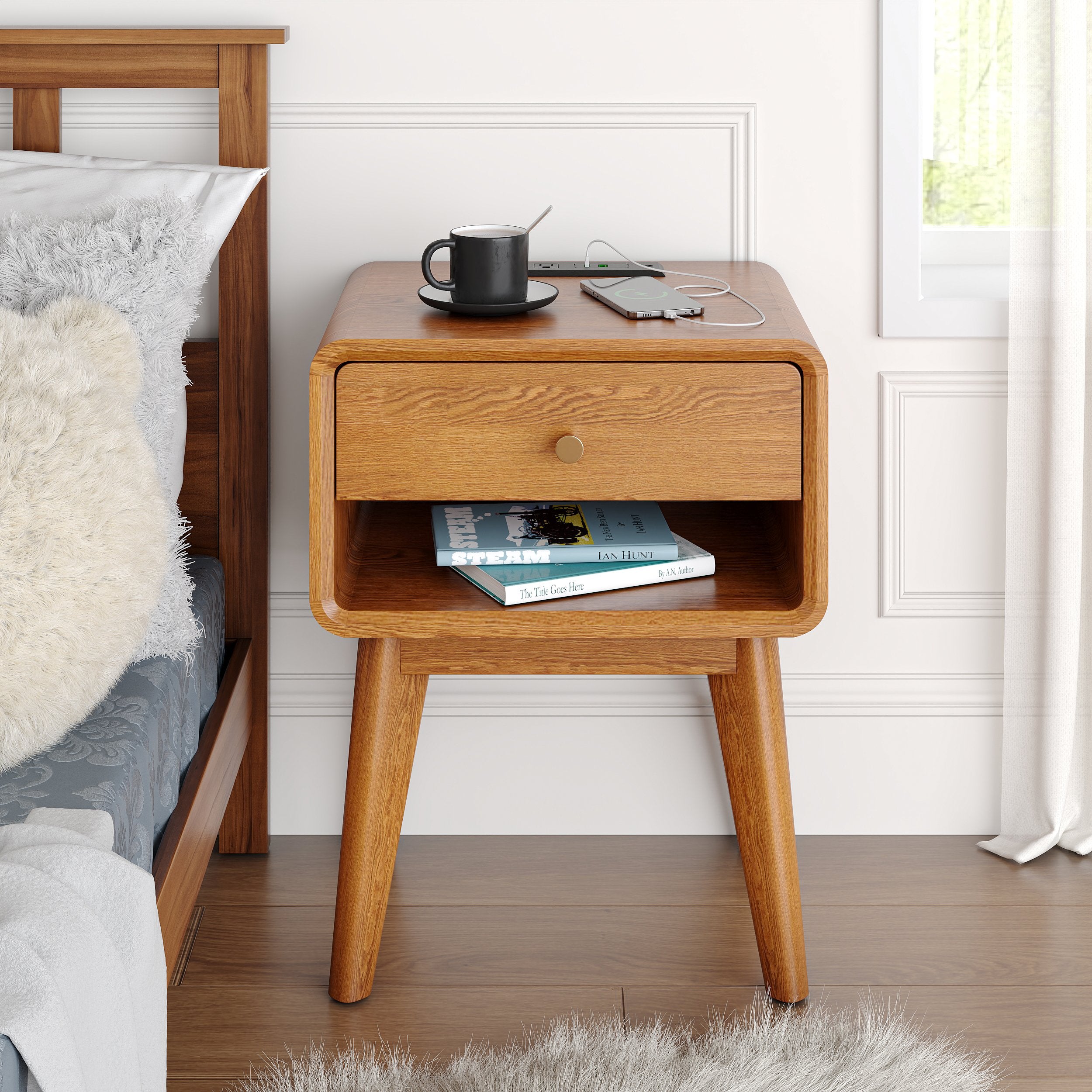 HMR - Rustic 1-Drawer Nightstand with Shelf