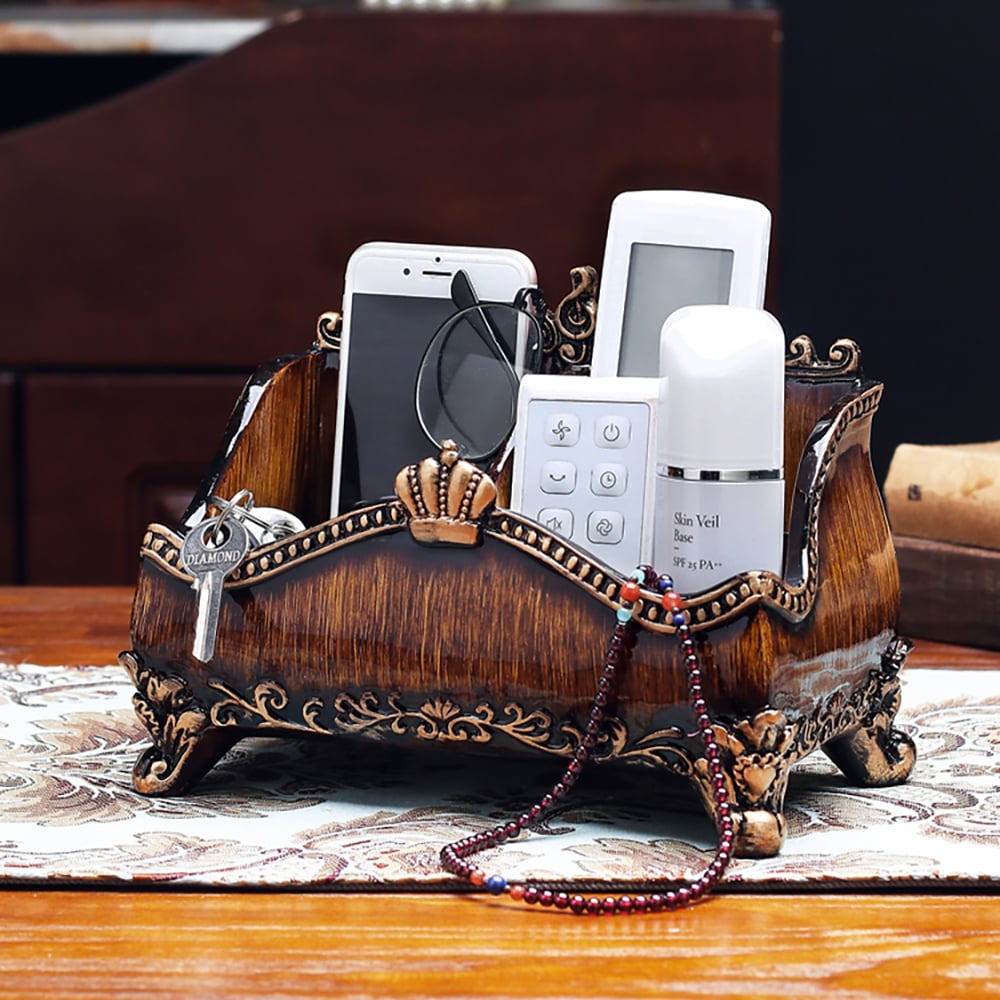 HMR - Vintage Brown Resin Remote Control Holder Living Room Storage Box Home Decoration