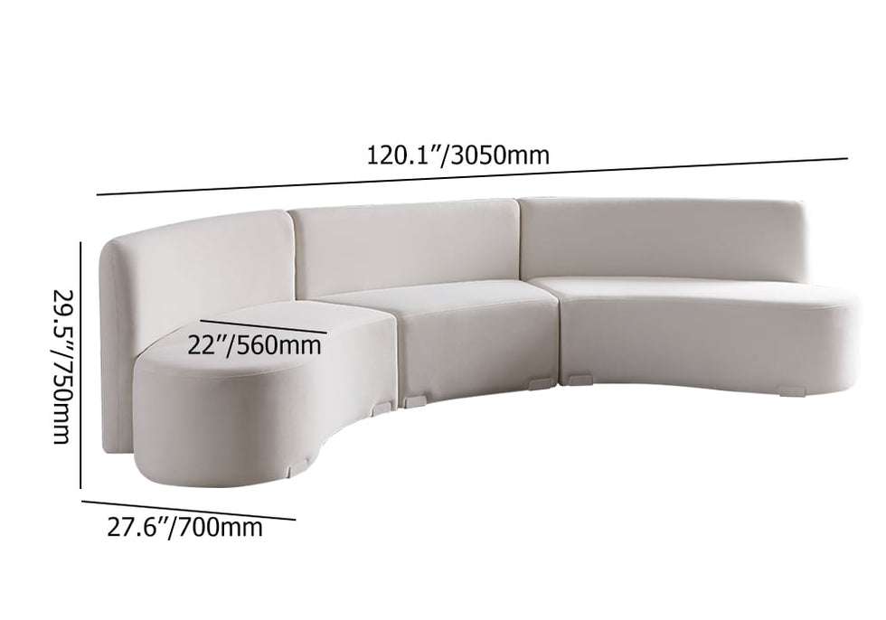 HMR - 120" Modern White Curved Sectional Floor Sofa Velvet Upholstery for Living Room