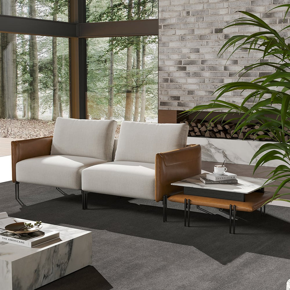 HMR - 95.3" Linen Modular Upholstered 2-Seater Sofa with Coffee Table Stainless Steel Frame
