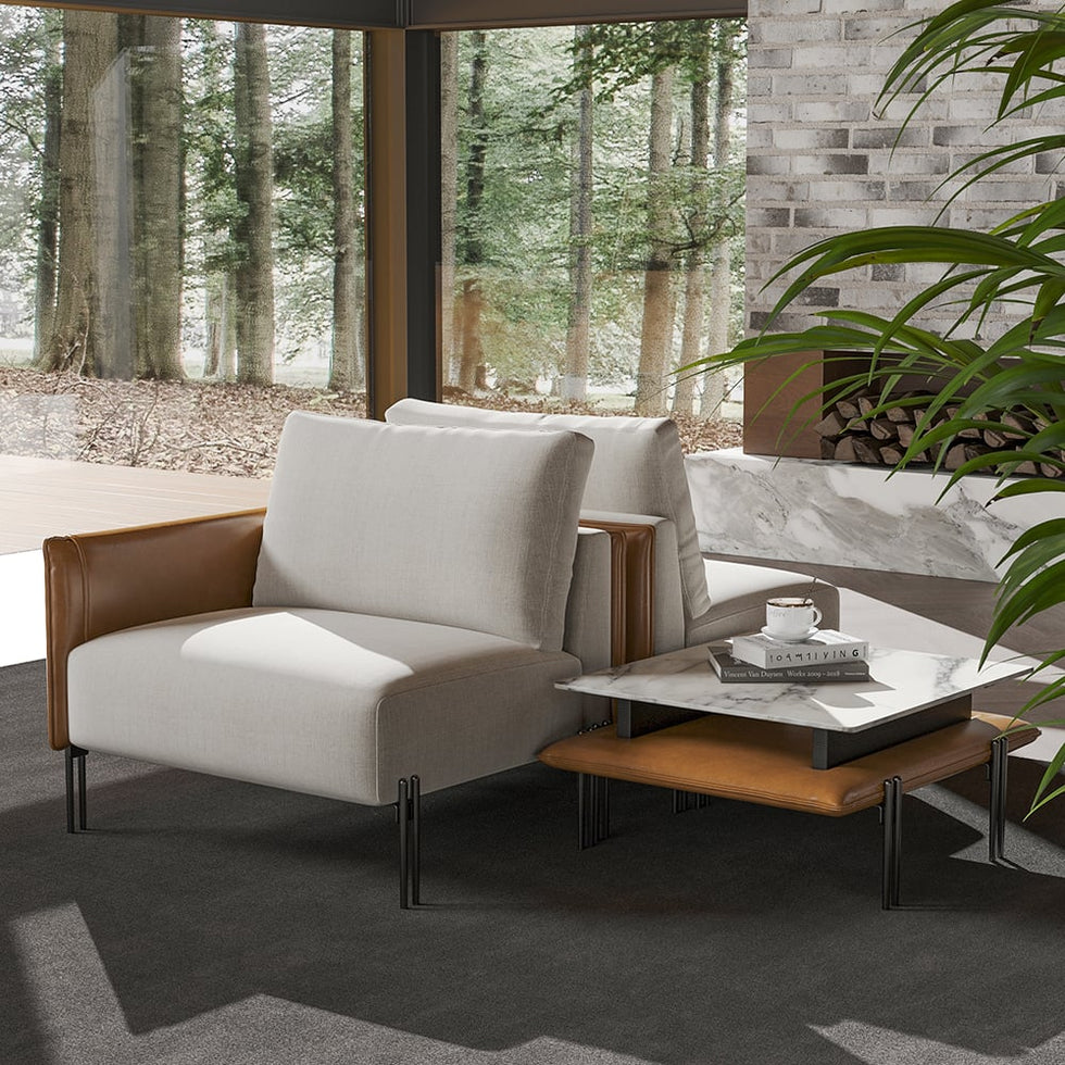 HMR - 95.3" Linen Modular Upholstered 2-Seater Sofa with Coffee Table Stainless Steel Frame