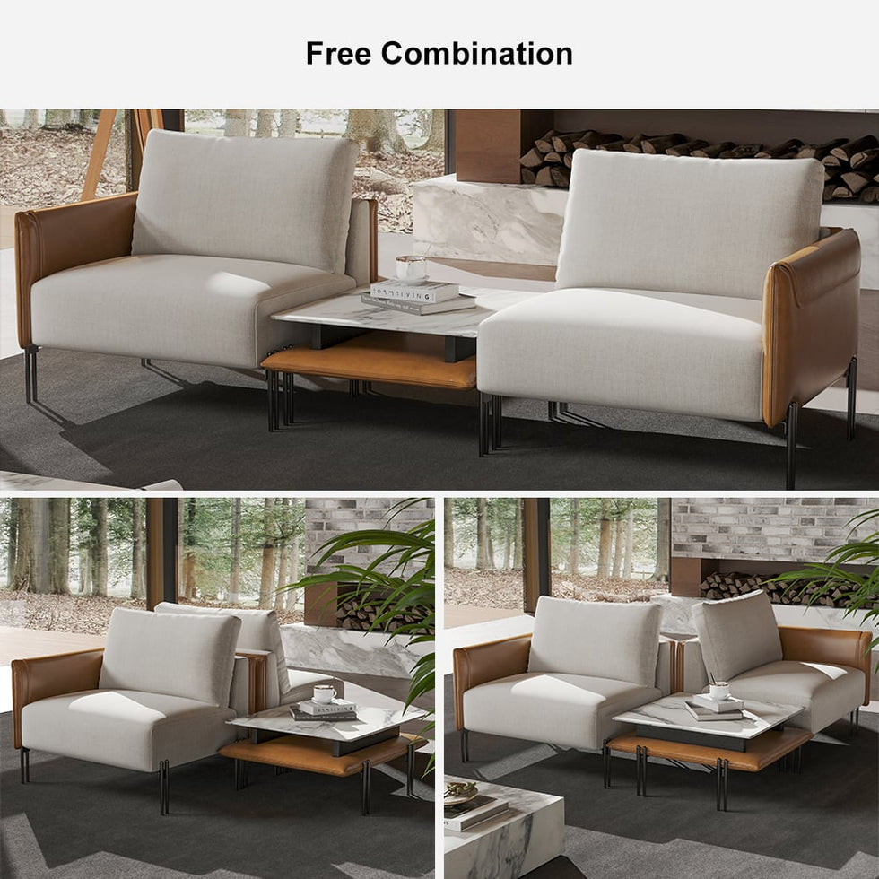 HMR - 95.3" Linen Modular Upholstered 2-Seater Sofa with Coffee Table Stainless Steel Frame