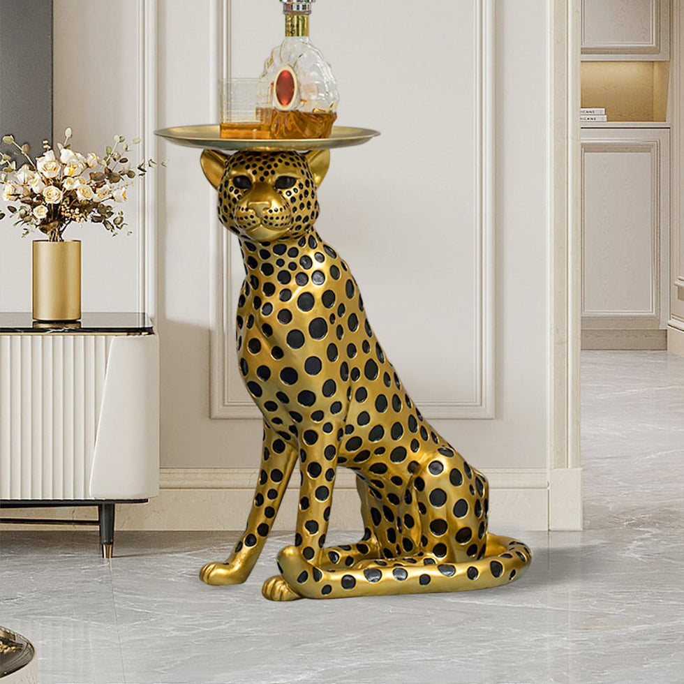 HMR - Panther Figurine Resin Art Deco Side Table with Tray Top