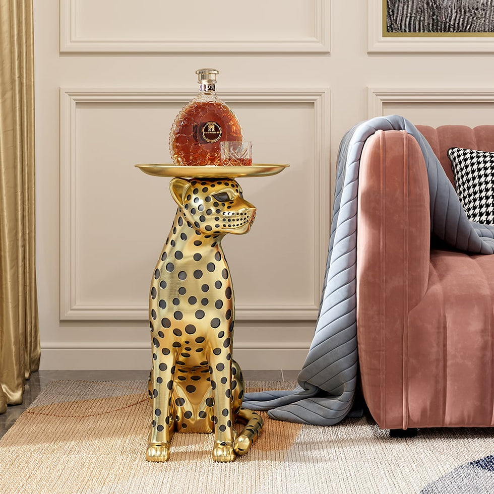 HMR - Panther Figurine Resin Art Deco Side Table with Tray Top