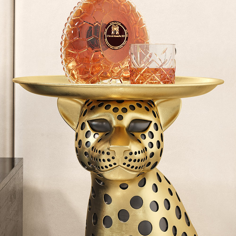 HMR - Panther Figurine Resin Art Deco Side Table with Tray Top