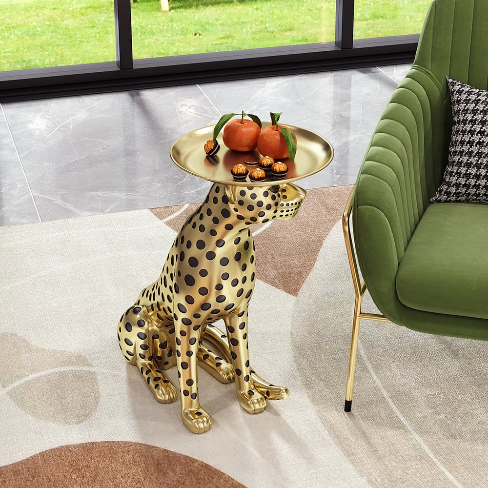 HMR - Panther Figurine Resin Art Deco Side Table with Tray Top