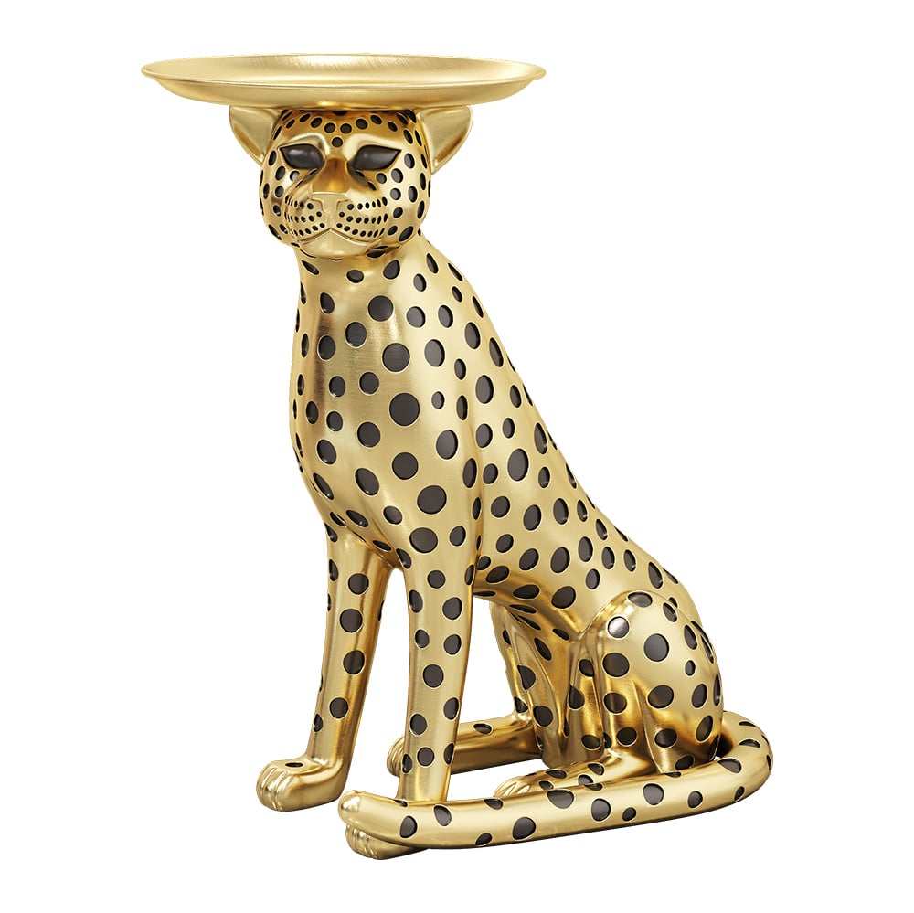 HMR - Panther Figurine Resin Art Deco Side Table with Tray Top