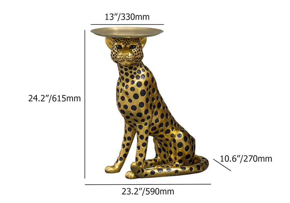 HMR - Panther Figurine Resin Art Deco Side Table with Tray Top