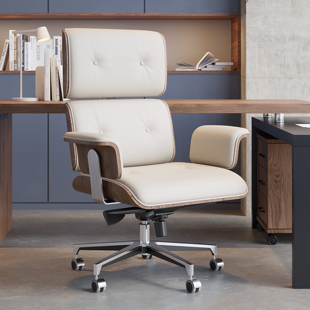 HMR - Modern Home Office Chair Swivel Upholstered Wooden Office Chair Adjustable Height