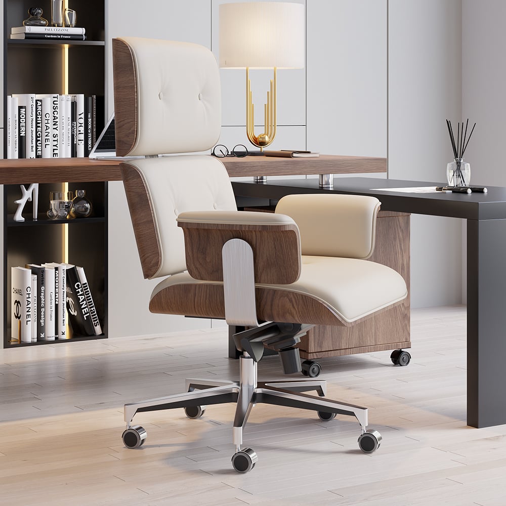 HMR - Modern Home Office Chair Swivel Upholstered Wooden Office Chair Adjustable Height