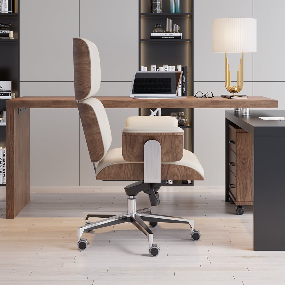 HMR - Modern Home Office Chair Swivel Upholstered Wooden Office Chair Adjustable Height