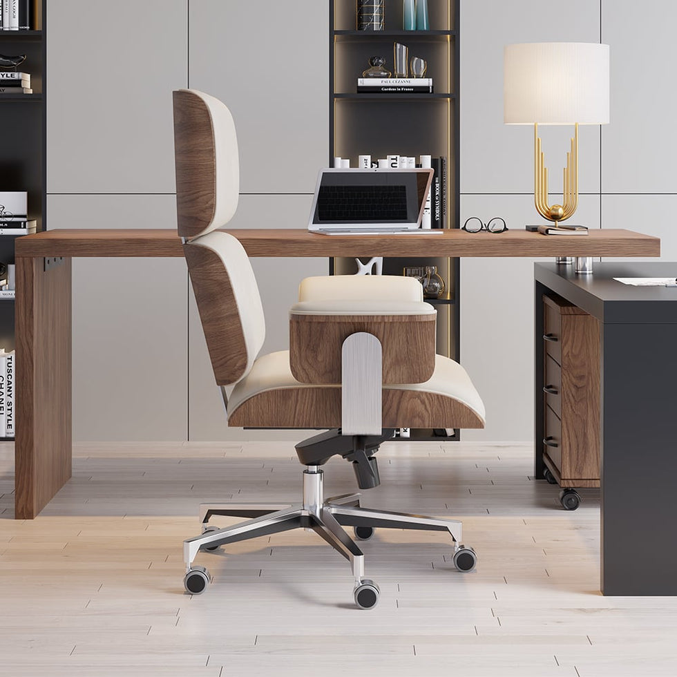 HMR - Modern Home Office Chair Swivel Upholstered Wooden Office Chair Adjustable Height