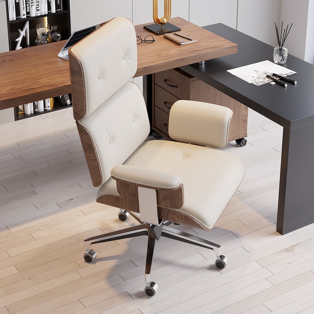 HMR - Modern Home Office Chair Swivel Upholstered Wooden Office Chair Adjustable Height