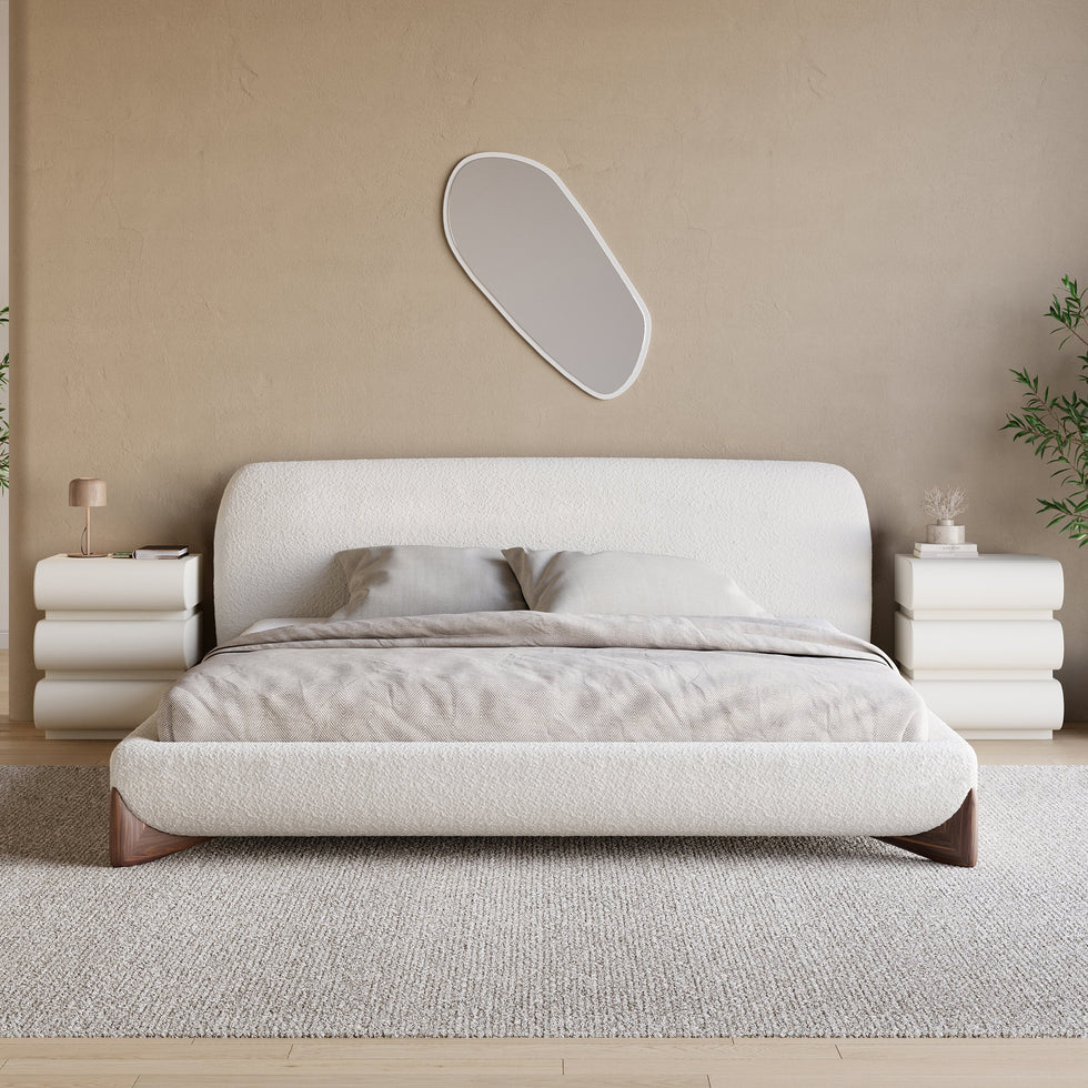 HMR - Modern White Boucle Platform Bed & 2 Smart Boucle Nightstand Style A