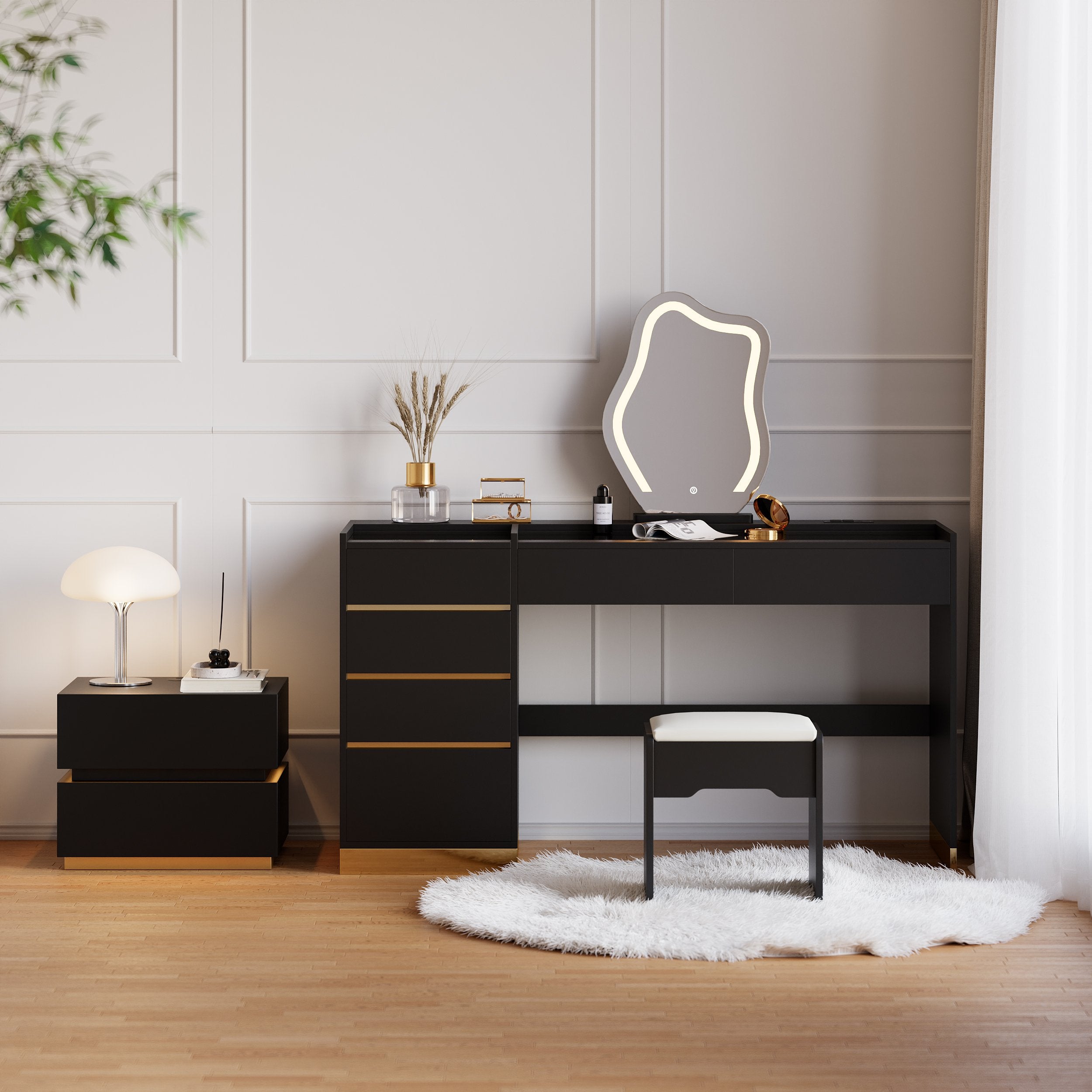 HMR - LED Mirror Makeup Vanity Set with 2 Smart Nightstands