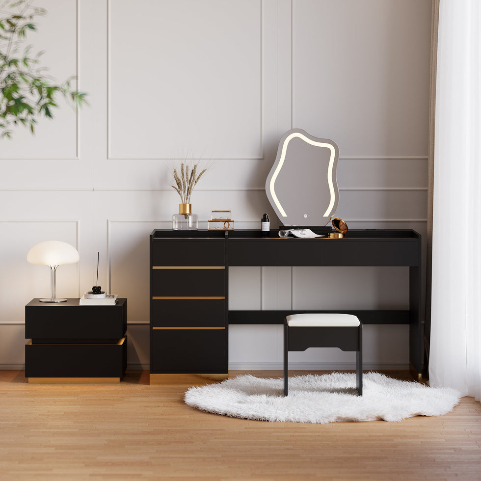 HMR - LED Mirror Makeup Vanity Set with 2 Smart Nightstands