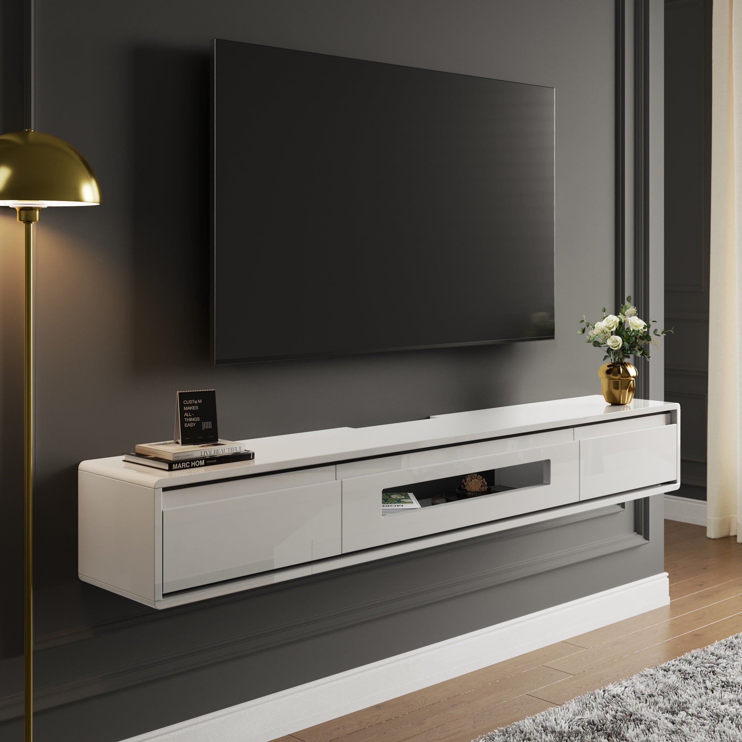 HMR - Smooth TV Stand Postmodern Minimalist Floating Media Console with Storage