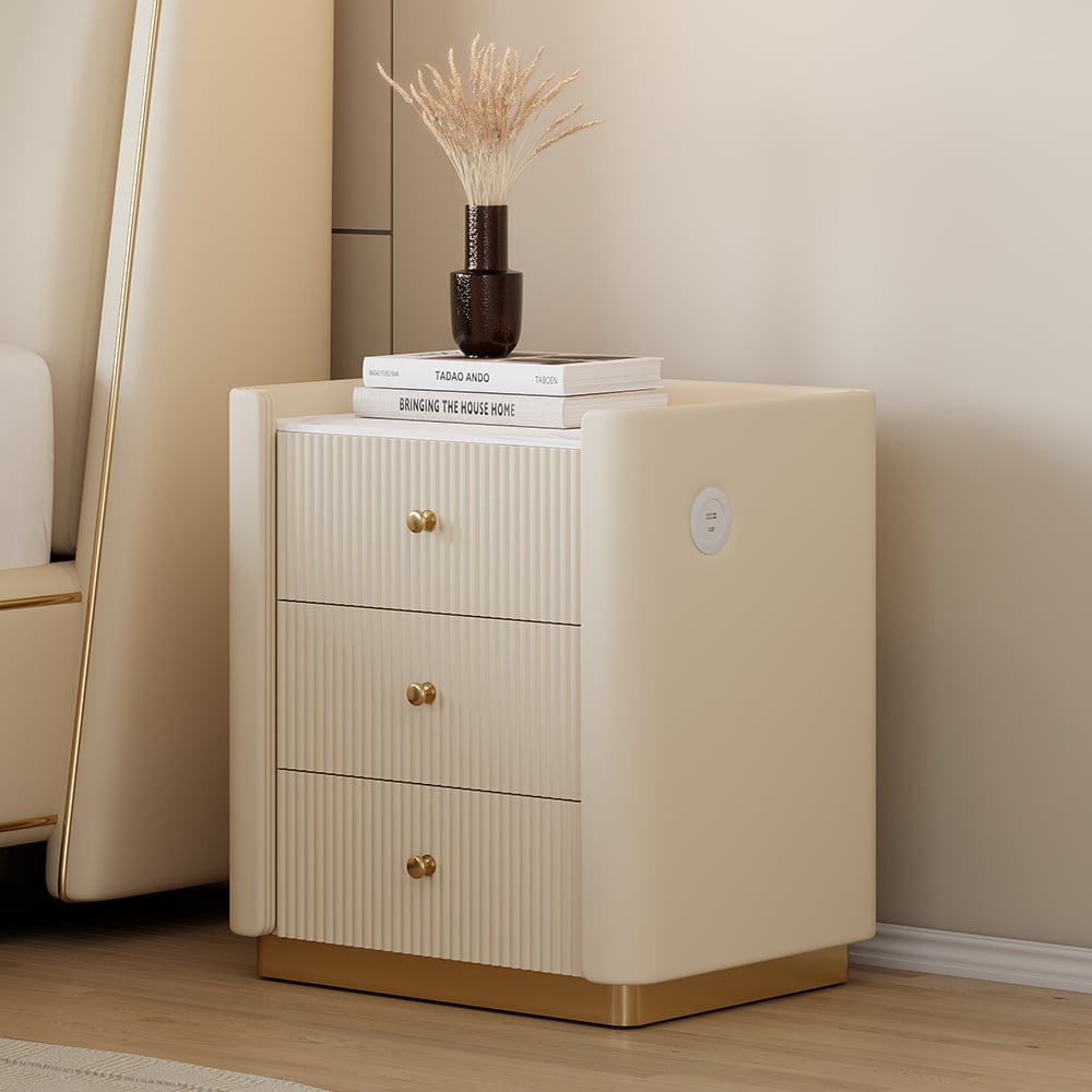 HMR - Modern 3-Drawer Nightstand with Sintered Stone Top & USB Port