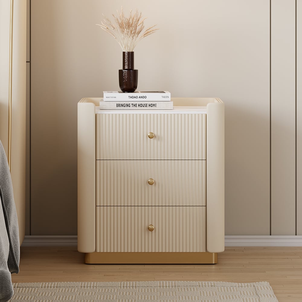 HMR - Modern 3-Drawer Nightstand with Sintered Stone Top & USB Port
