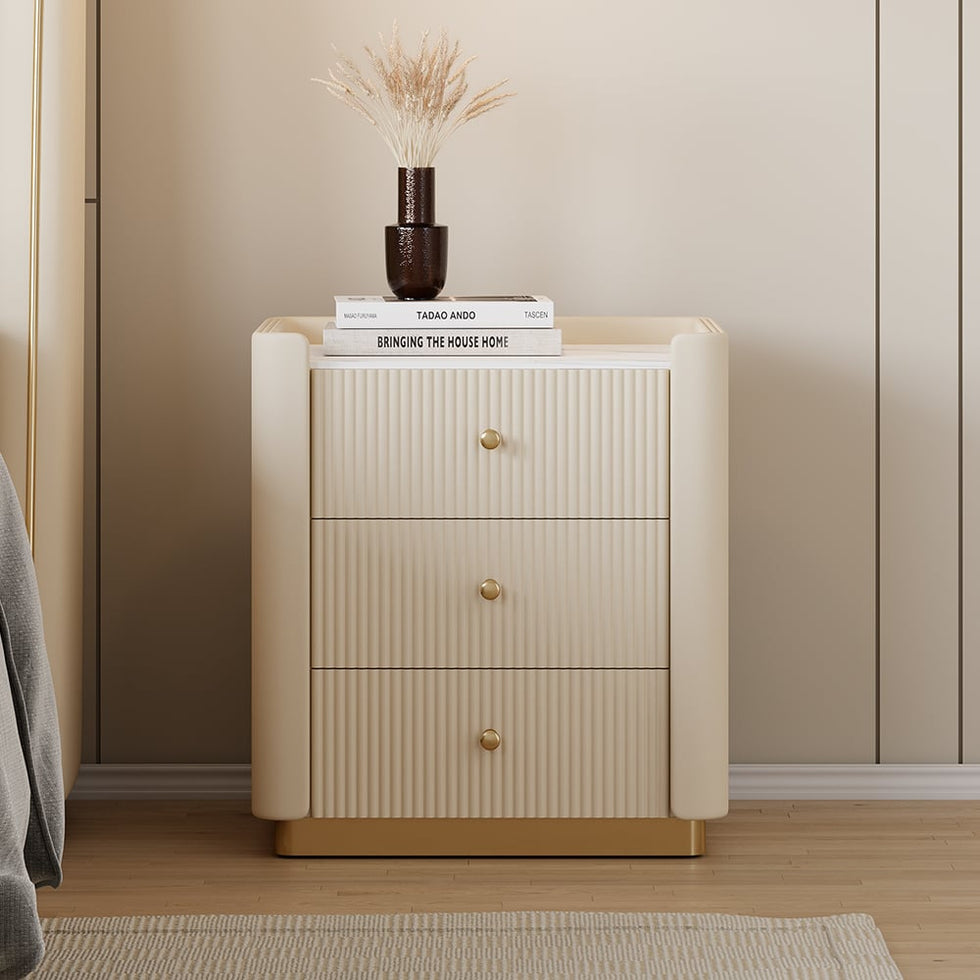 HMR - Modern 3-Drawer Nightstand with Sintered Stone Top & USB Port
