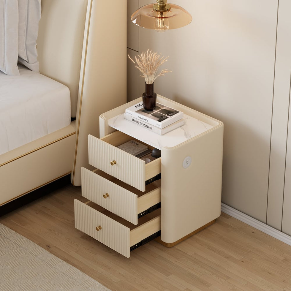 HMR - Modern 3-Drawer Nightstand with Sintered Stone Top & USB Port