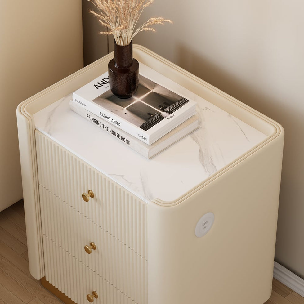 HMR - Modern 3-Drawer Nightstand with Sintered Stone Top & USB Port