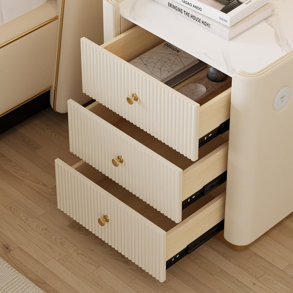 HMR - Modern 3-Drawer Nightstand with Sintered Stone Top & USB Port