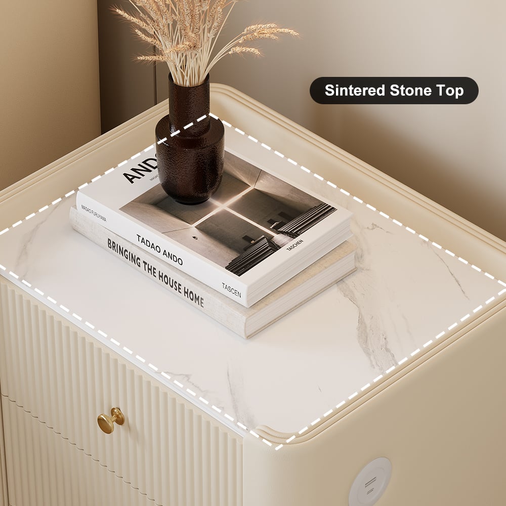 HMR - Modern 3-Drawer Nightstand with Sintered Stone Top & USB Port