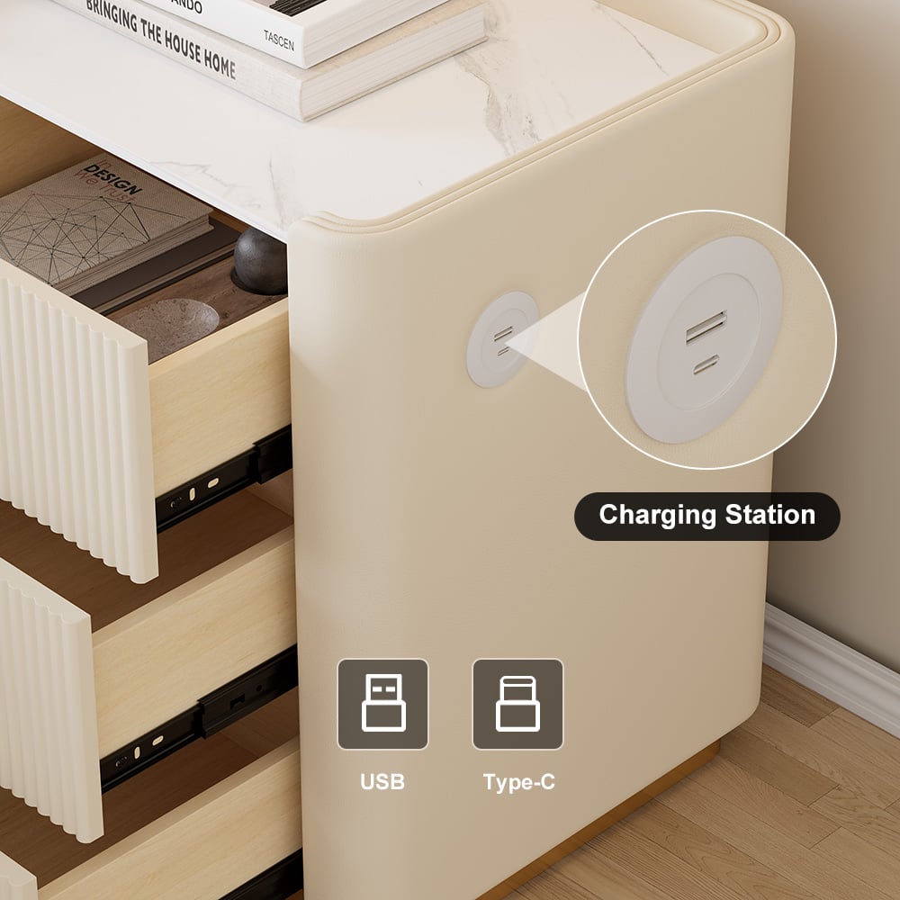 HMR - Modern 3-Drawer Nightstand with Sintered Stone Top & USB Port