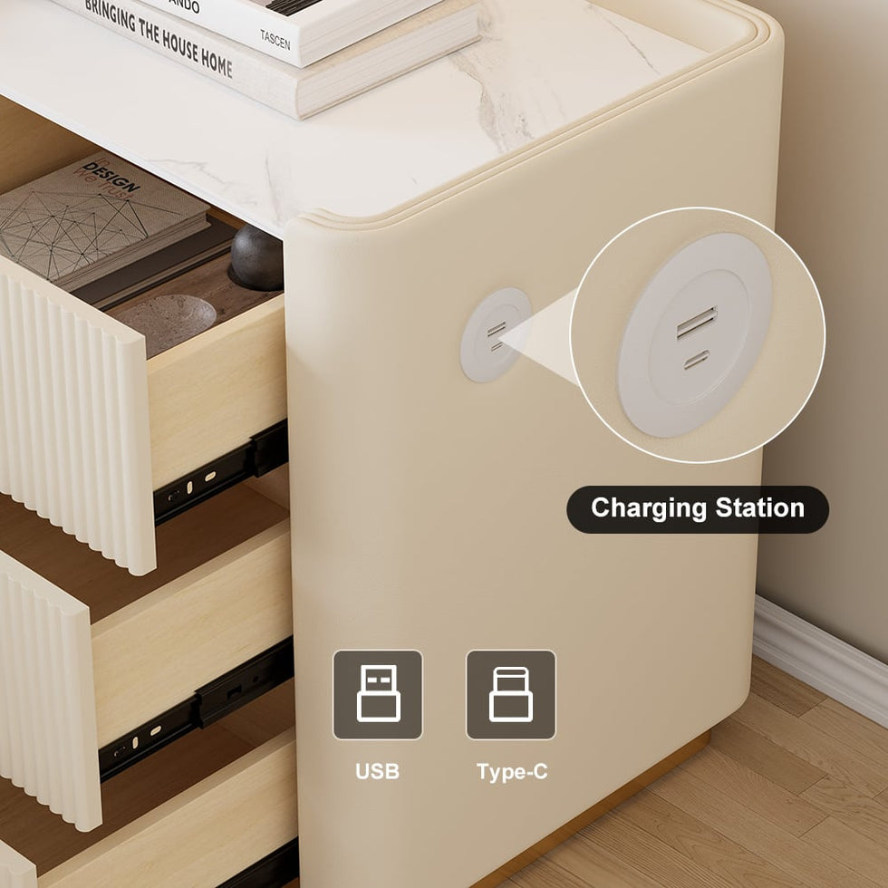 HMR - Modern 3-Drawer Nightstand with Sintered Stone Top & USB Port